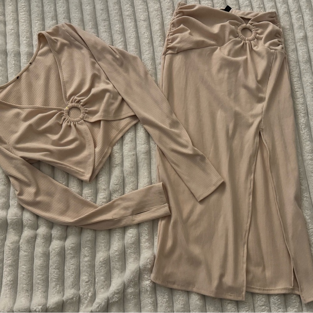 Tan Midi Pencil Dress with Cut Out and Slit